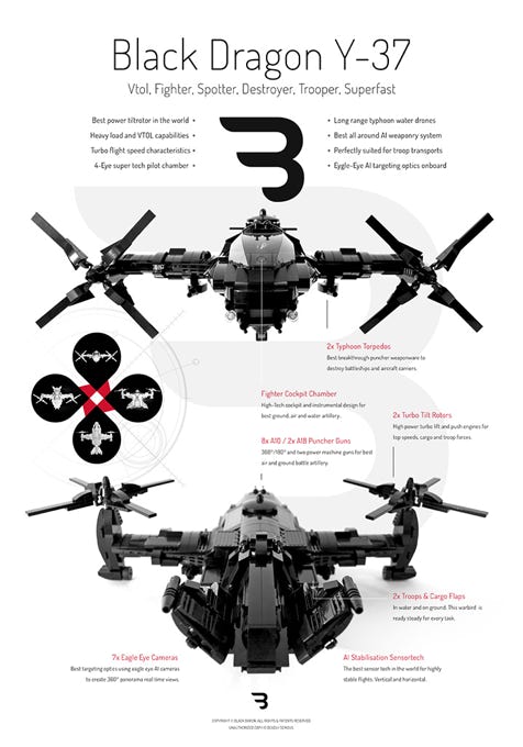 Lego Moc Poster: BLACK DRAGON Y-37 / Military tiltrotor combat aircraft